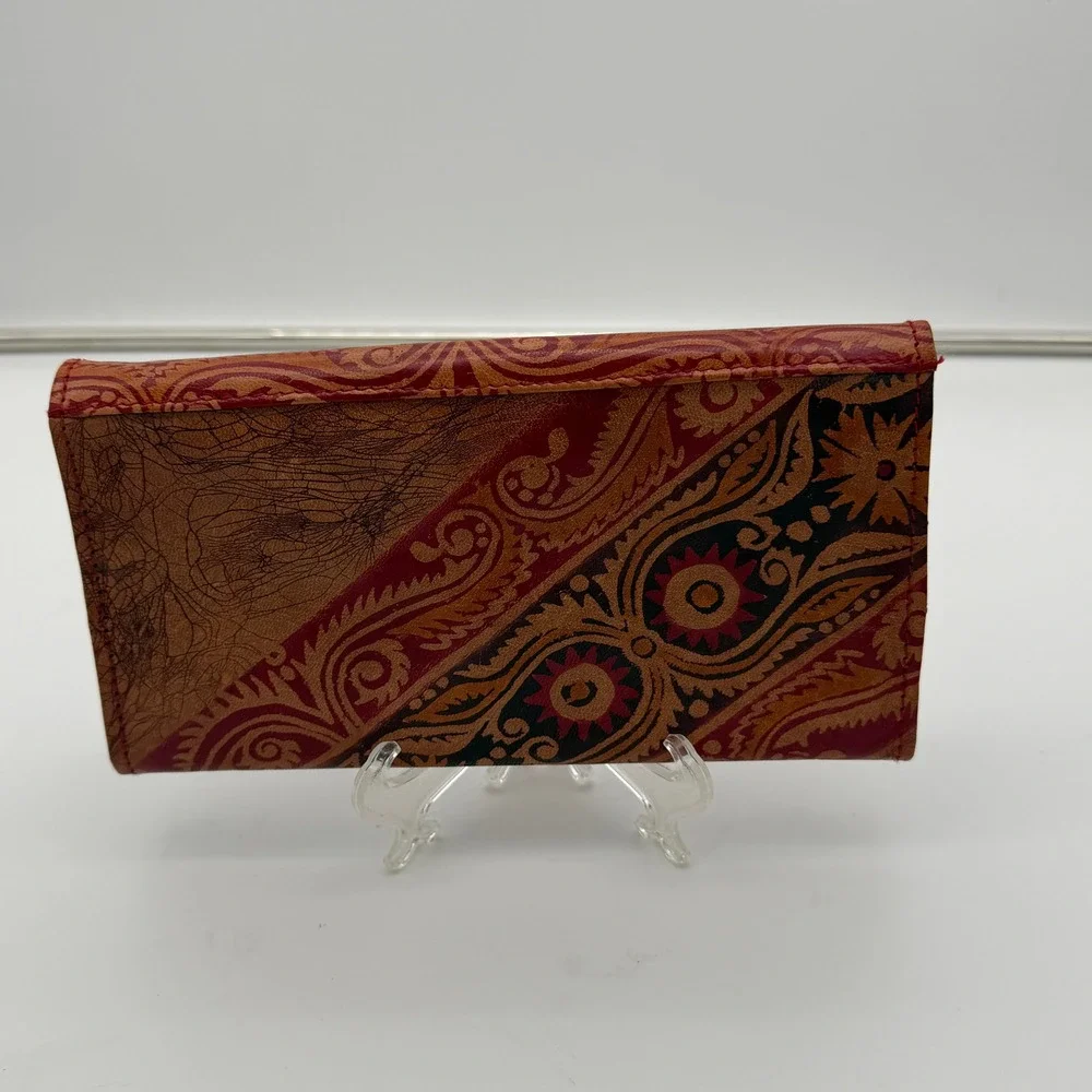 Vintage Hand Tooled Leather Paisley Mandala Clutch Wallet Boho Red Brown 8 Inch